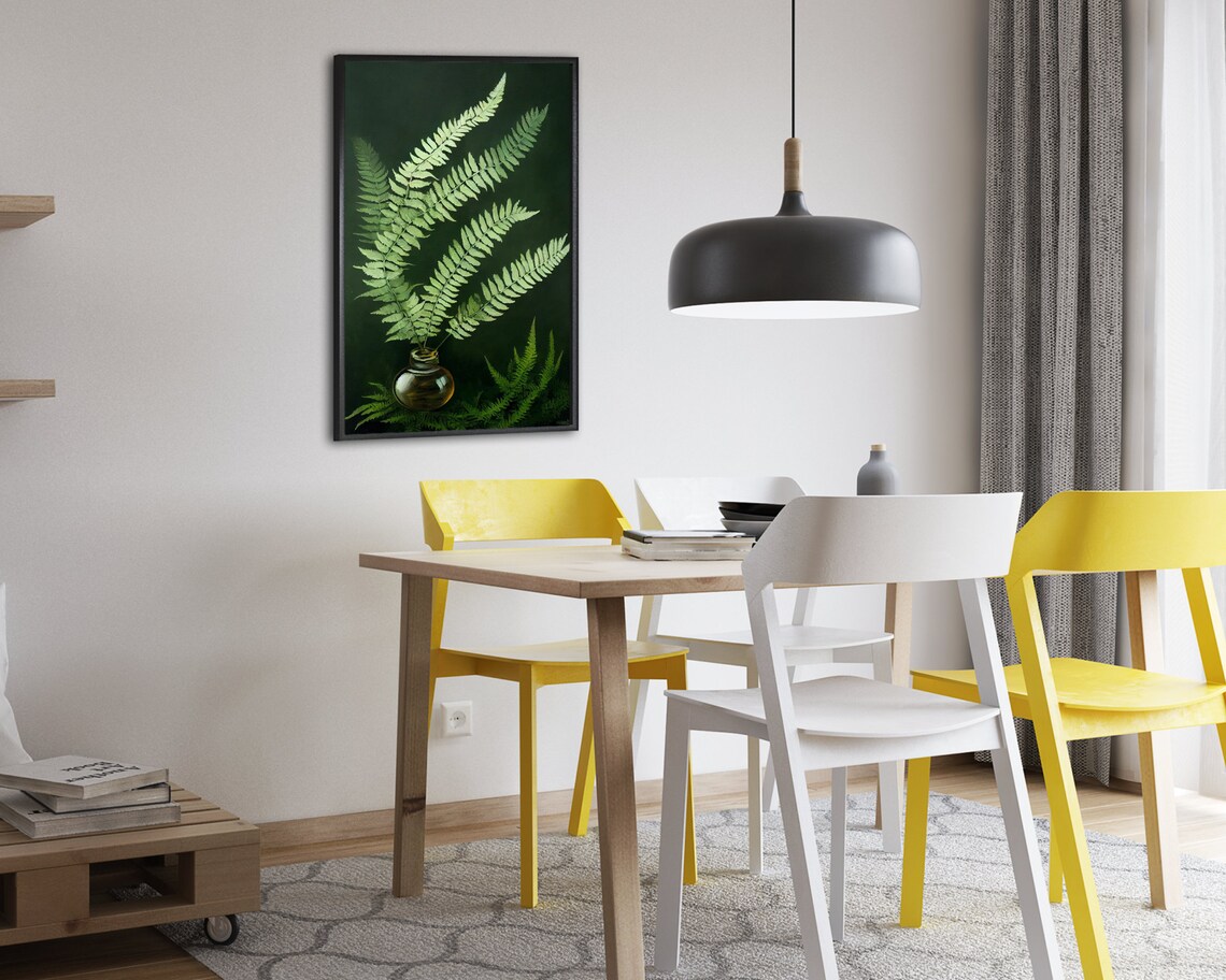 Fern Fronds in Glass Vase Dark Green Botanical Oil Painting Art Poster - Image 2