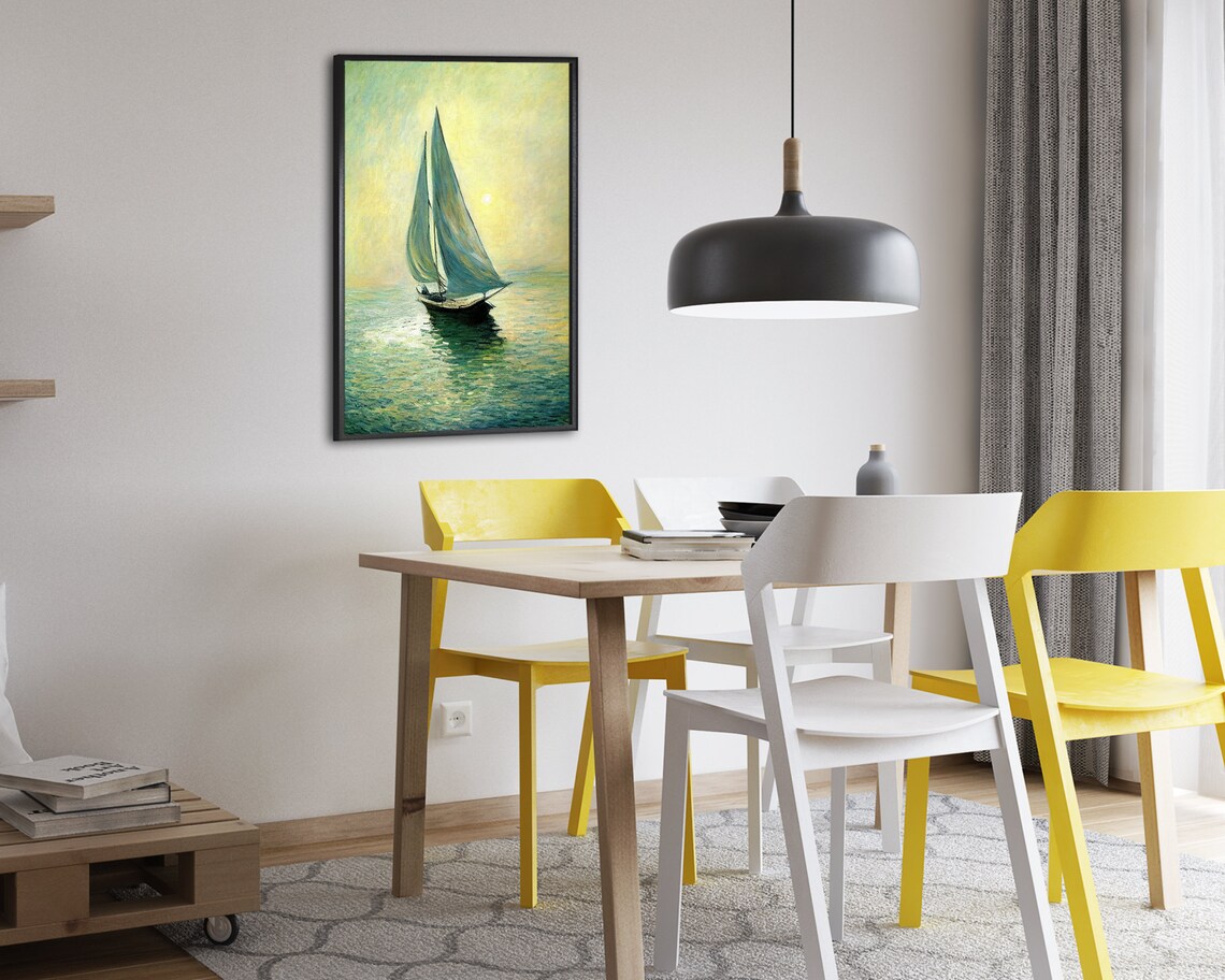 Sunrise Sailboat on Calm Sea in Soft Mint Green Golden Light Poster - Image 2