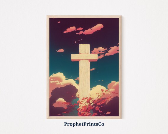 Wooden Cross Sunset Clouds Christian Faith Sky Painting Art Poster