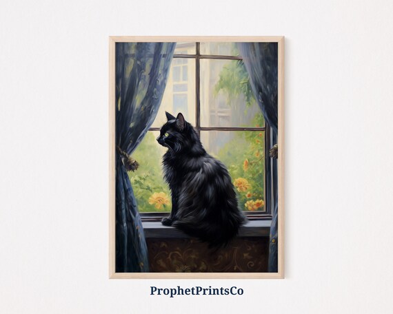 Black Cat By Window Blue Curtains Vintage Cat Painting Poster
