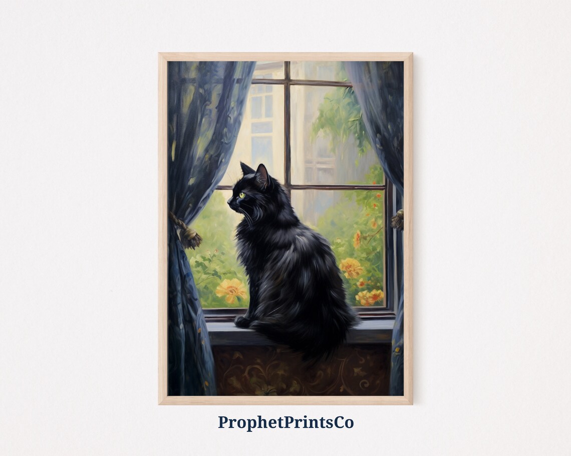 Black Cat By Window Blue Curtains Vintage Cat Painting Poster