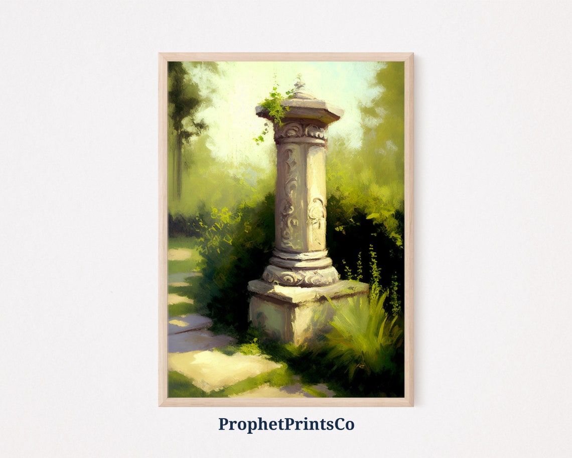 Ancient Stone Column Oil Painting Sunlit Garden Roman Style Poster