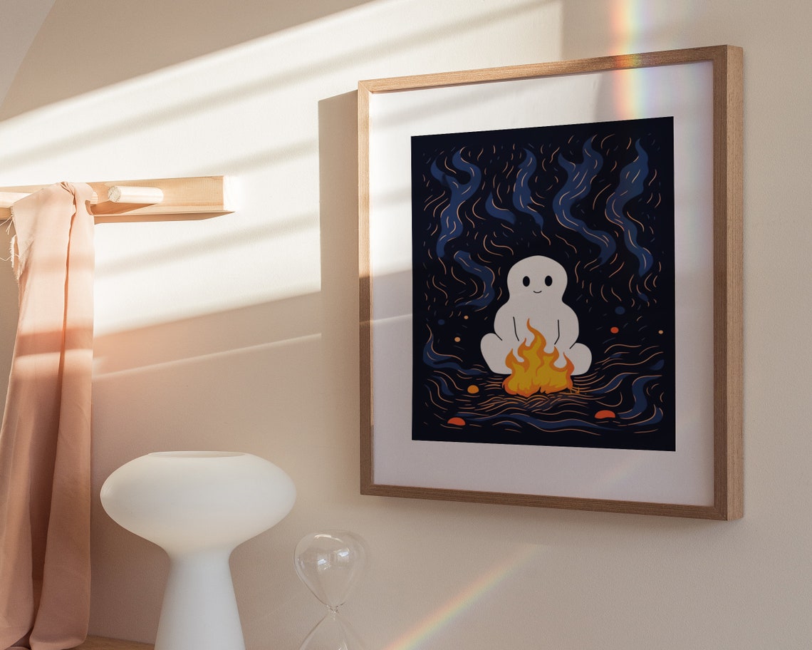 Cute Ghost Warming Hands Over Campfire Night Forest Art Poster - Image 3