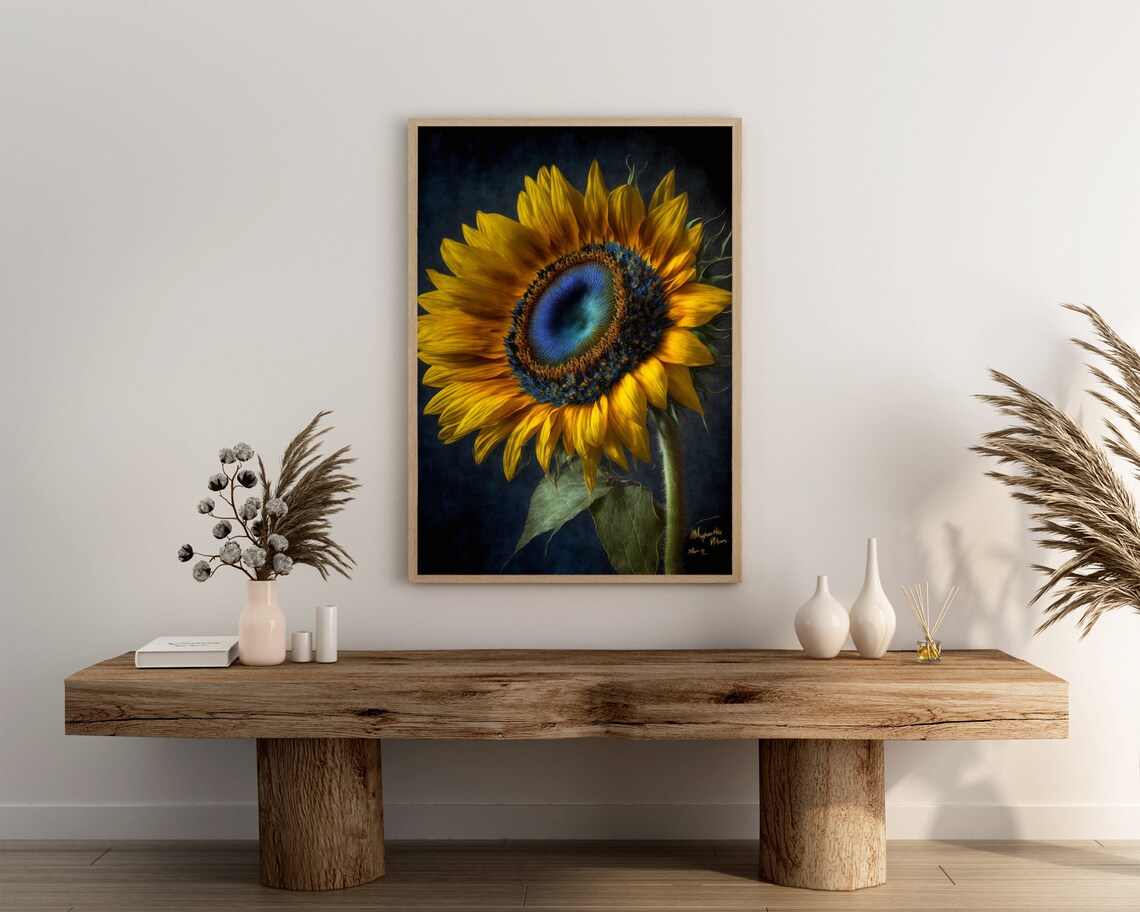 Sunflower Close Up Poster Golden Petals with Teal Blue Center Design - Image 3