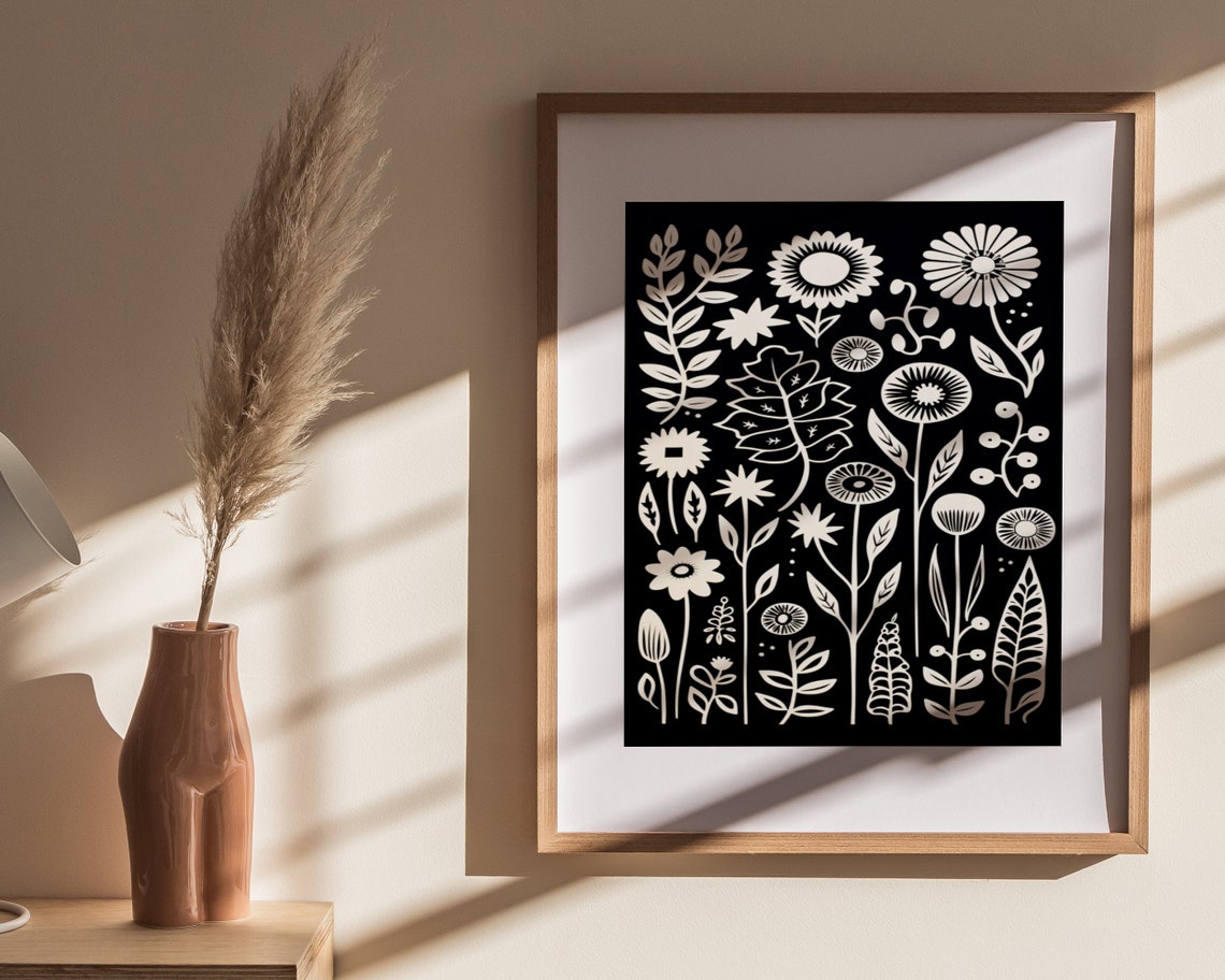 Bold Black And White Folk Floral Pattern Scandinavian Art Poster - Image 4