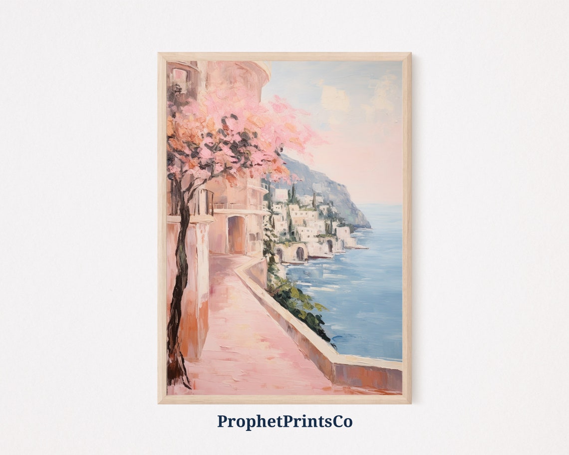 Amalfi Coast Pink Blossom Tree Seaside Walkway Painting Poster