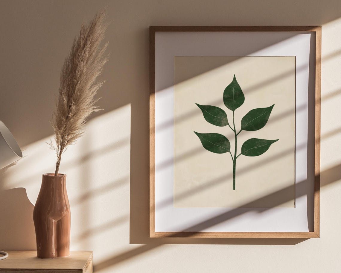 Minimalist Leaf Sprig Botanical Five Leaves Cream Decor Poster - Image 3