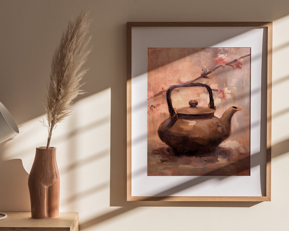 Bronze Kettle Cherry Blossom Still Life Warm Tonal Oil Painting Poster - Image 4