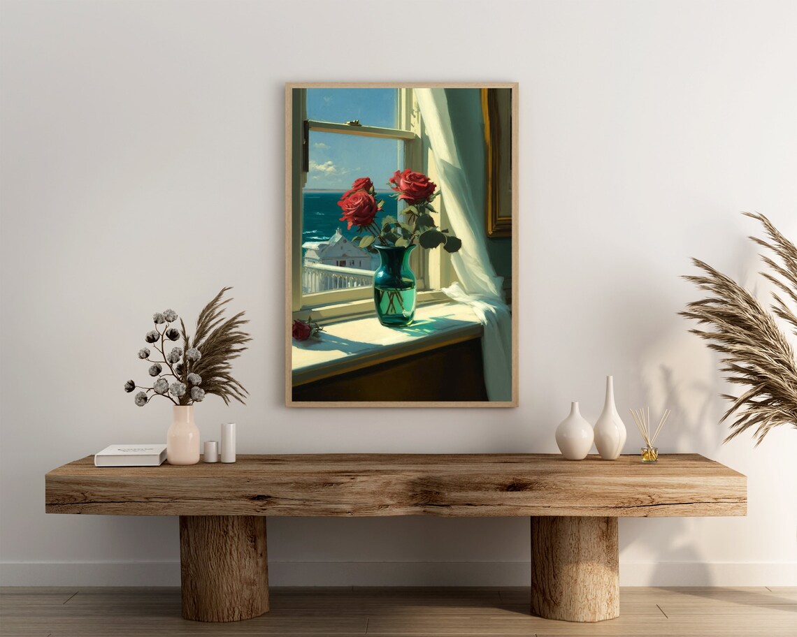 Red Roses In Teal Vase On Windowsill Overlooking The Ocean Poster - Image 3