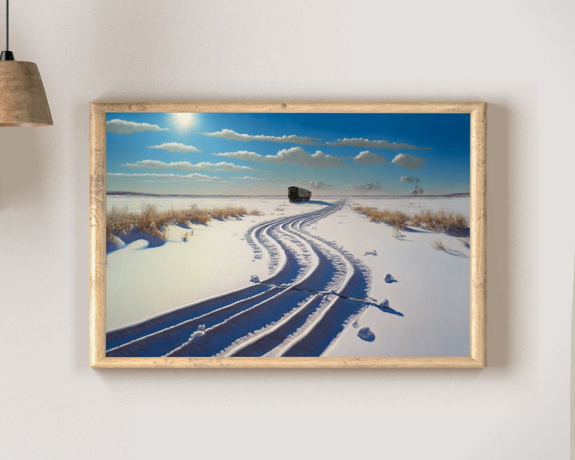 Bright Blue Sky Snowy Railway Curves Winter Train Track Poster - Image 2