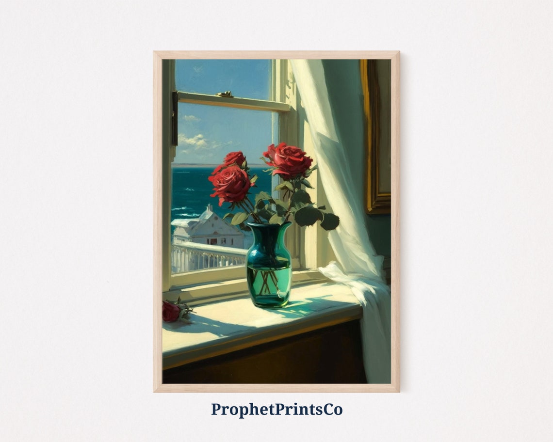 Red Roses In Teal Vase On Windowsill Overlooking The Ocean Poster