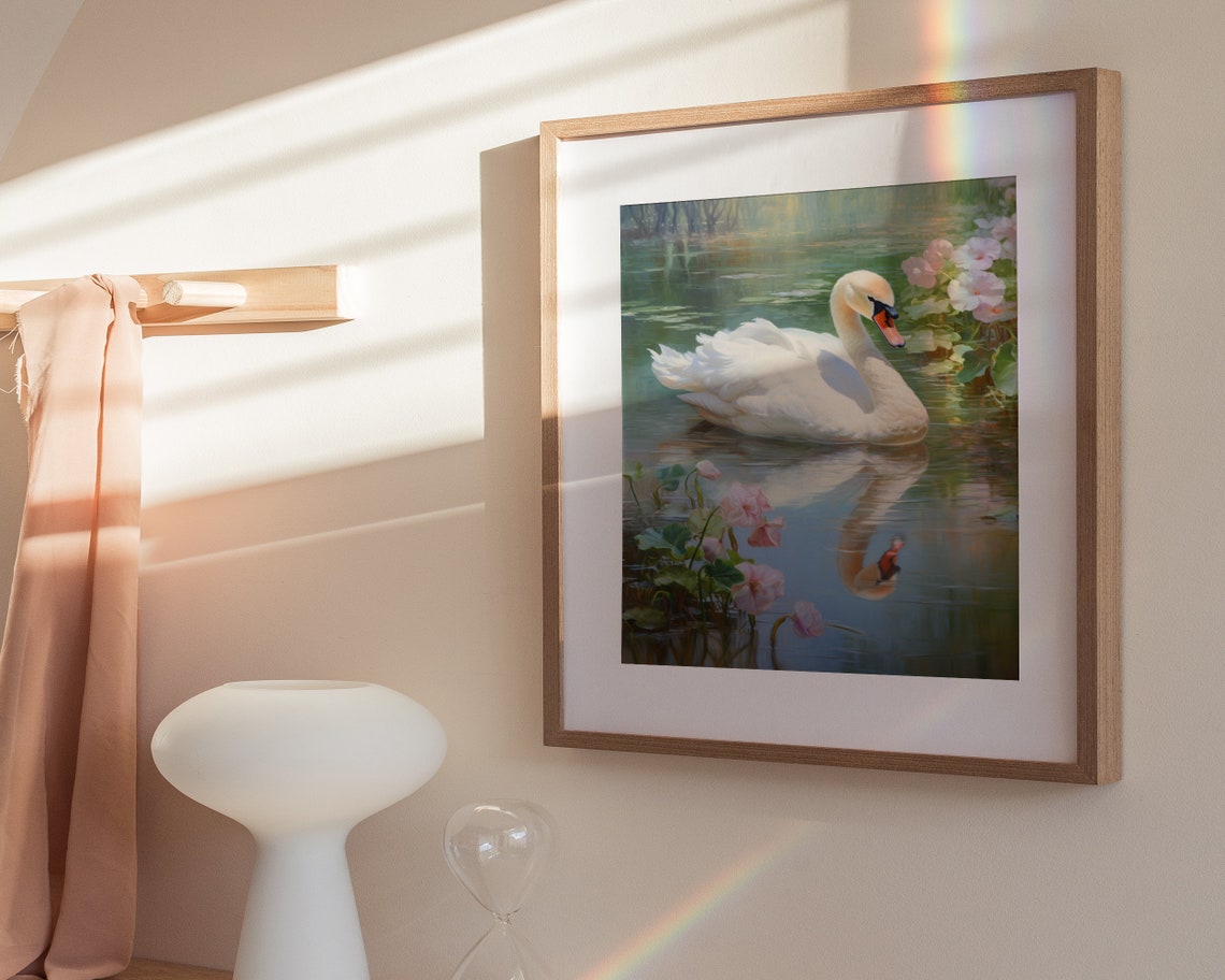 White Swan Pink Water Lilies Classical Lake Painting Wall Poster - Image 3