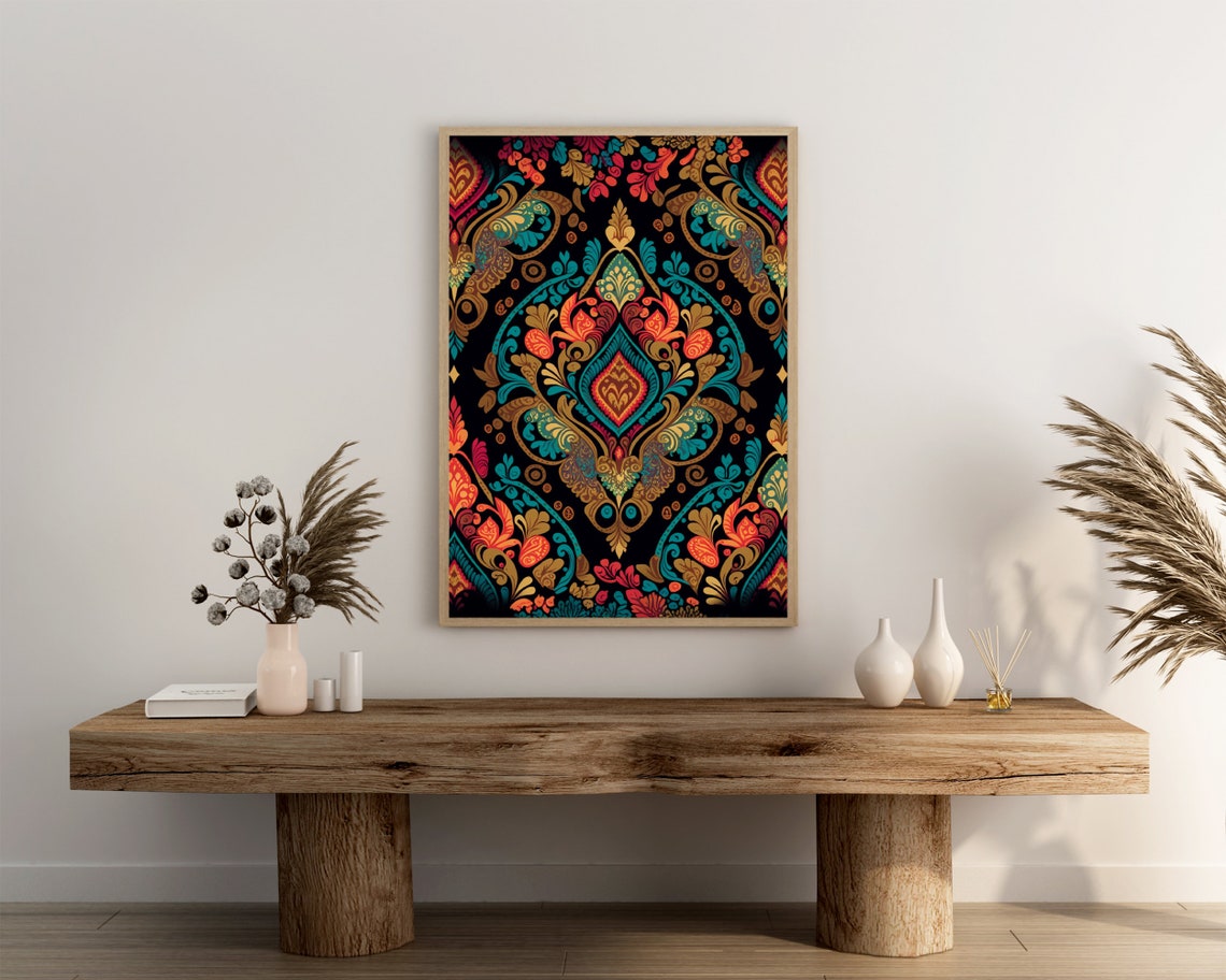 Ornate Damask Paisley Floral Pattern Vibrant Boho Art Poster - Image 3