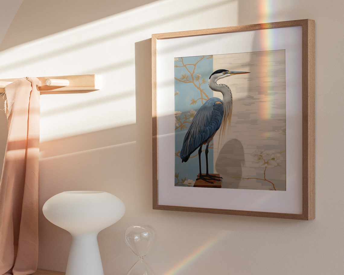 Great Blue Heron By Blossoming Branches Vintage Waterbird Poster - Image 3
