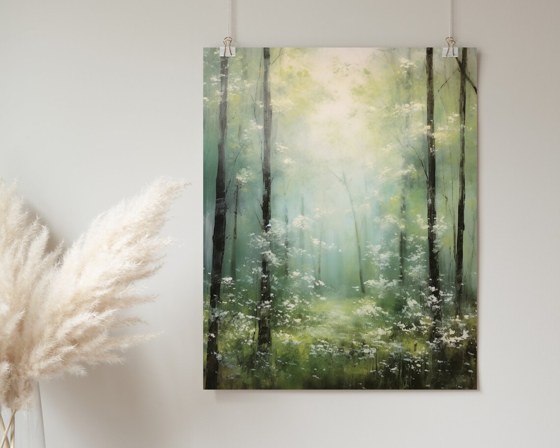 Sunlit Green Forest White Blossoms Misty Woodland Scene Poster - Image 2