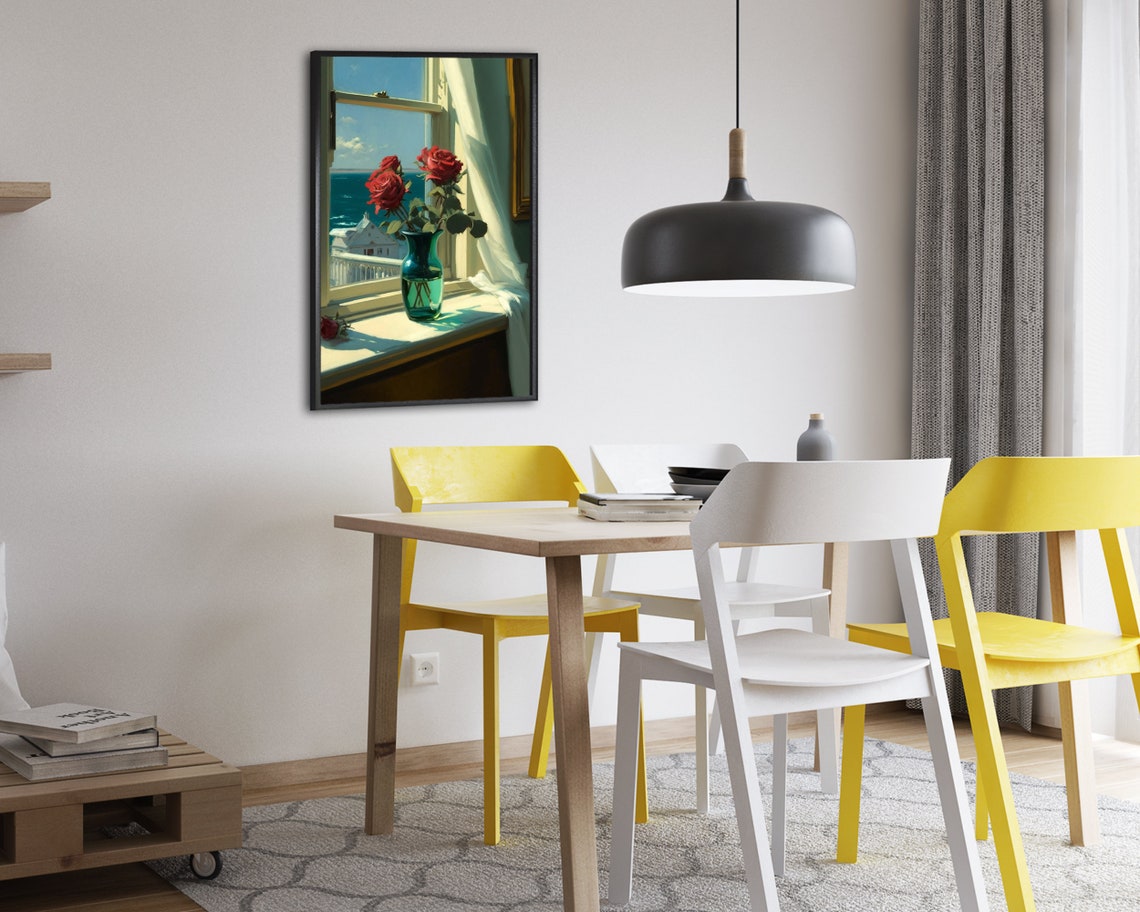Red Roses In Teal Vase On Windowsill Overlooking The Ocean Poster - Image 2