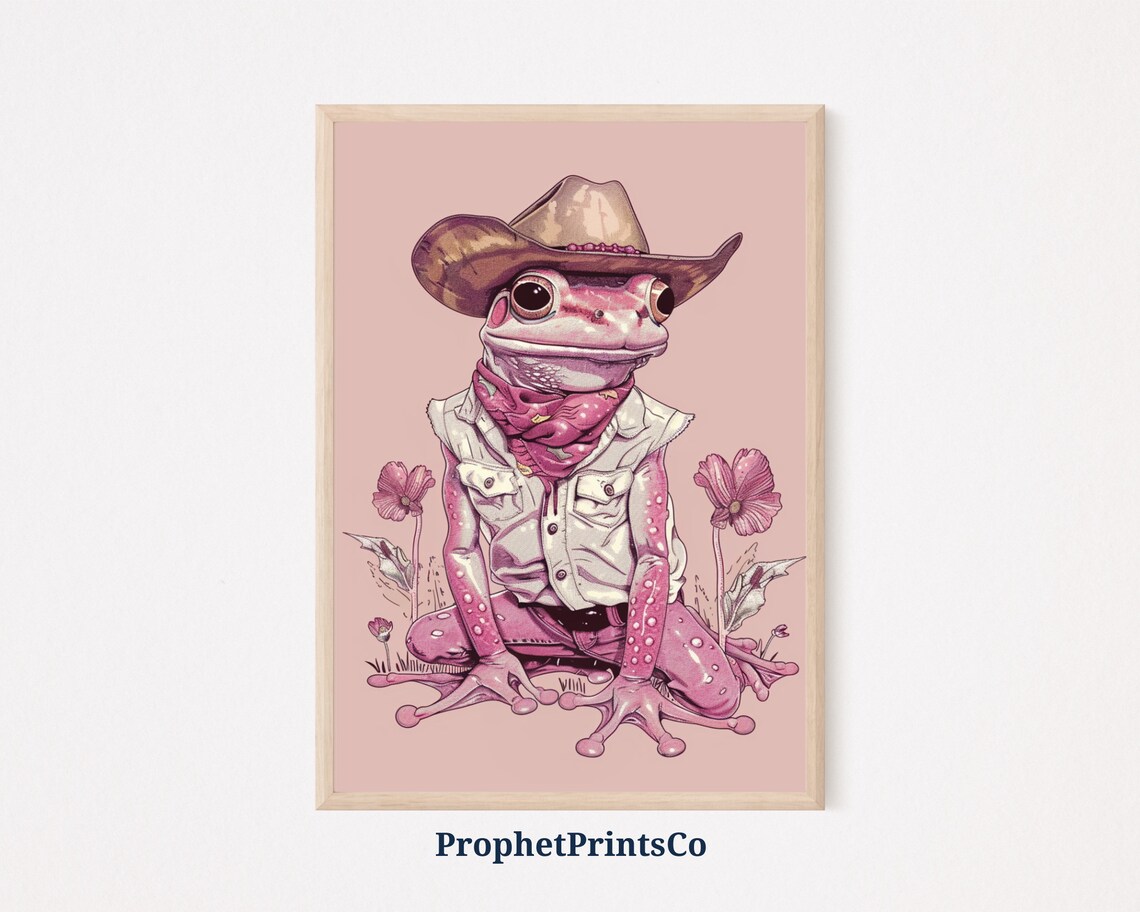 Pink Cowgirl Frog Denim Vest Western Wildflowers Funny Art Poster
