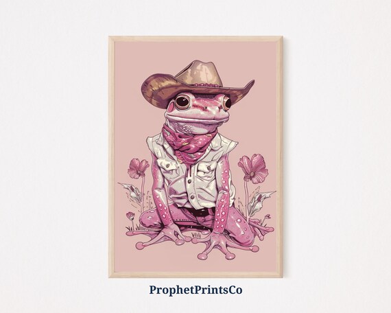 Pink Cowgirl Frog Denim Vest Western Wildflowers Funny Art Poster