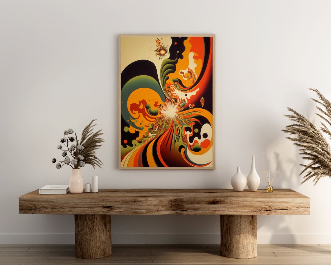 Retro 70s Psychedelic Swirl Abstract Art Orange Green Black Poster - Image 3