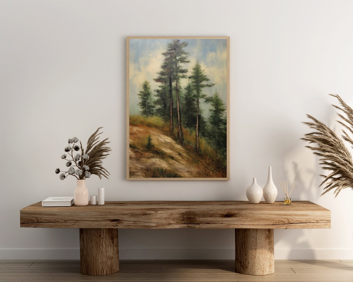 Tall Pine Trees Hillside Oil Painting Vintage Soft Hazy Forest Poster - Image 3