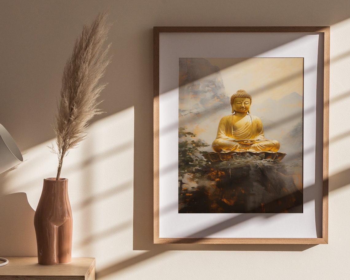 Golden Buddha Meditating Rock Misty Mountains Painting Poster - Image 4