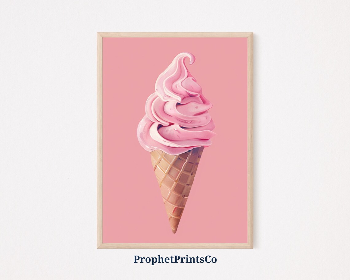 Pink Strawberry Soft Serve Ice Cream Cone Pastel Dessert Art Poster