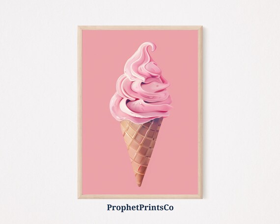 Pink Strawberry Soft Serve Ice Cream Cone Pastel Dessert Art Poster