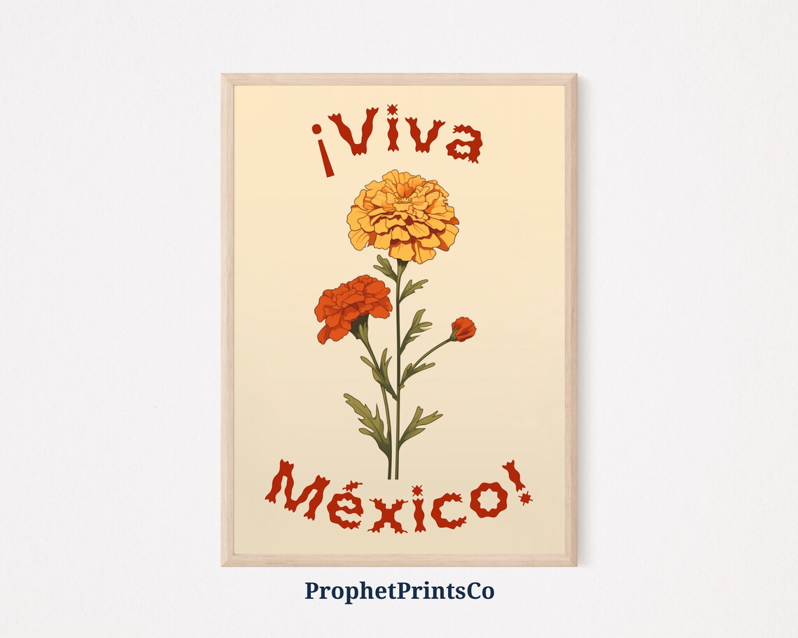 Viva Mexico Yellow Marigold Blooms Festive Mexican Art Poster