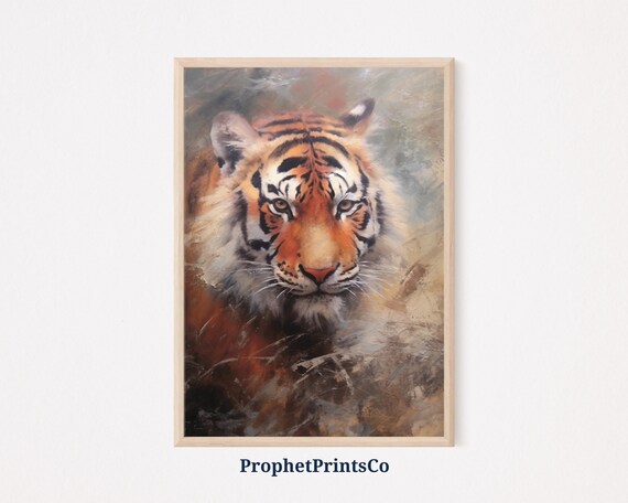 Majestic Tiger Face Close Up Amber Oil Painting Style Poster