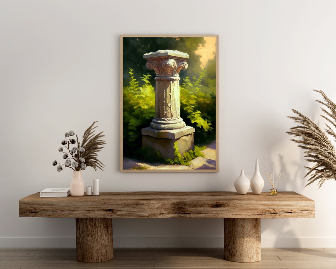 Carved Stone Column Oil Painting Classical Garden Golden Light Poster - Image 3