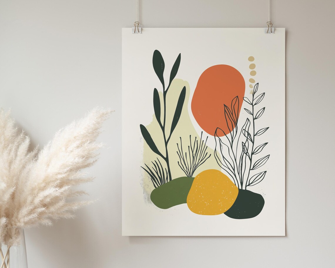 Abstract Botanical Orange Sun Circle Line Art Leaves Modern Poster - Image 2