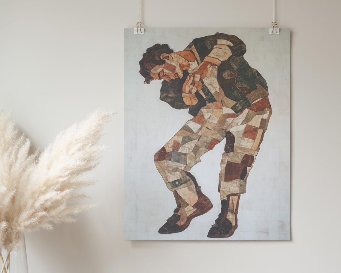 Patchwork Male Figure Mosaic Earth Tones Standing Modern Art Poster - Image 2