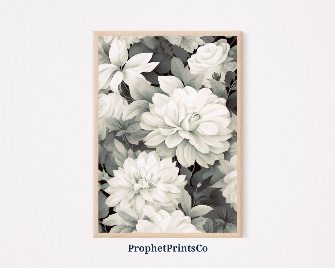 Soft White Dahlia Blooms Monochrome Floral Painting Art Poster