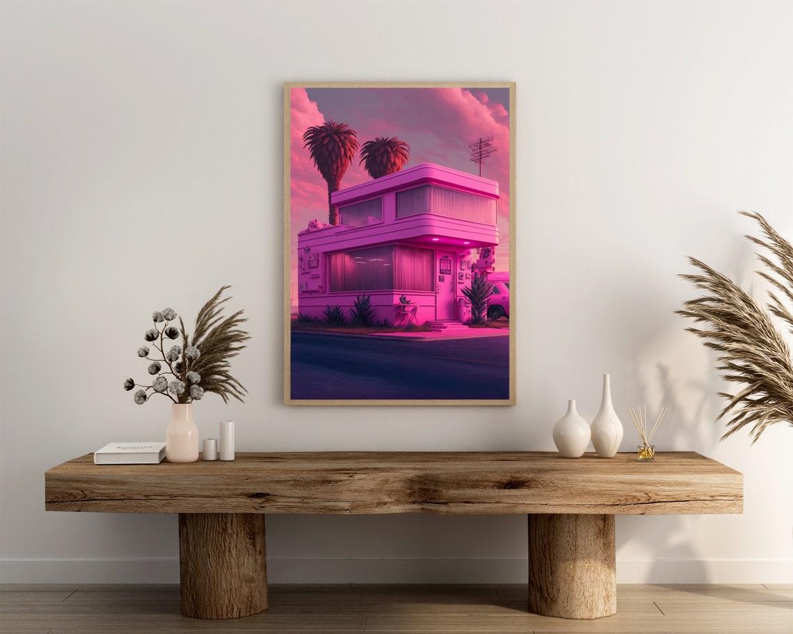 Retro Pink Diner Motel Under a Rosy Sunset Sky With Palm Trees Poster - Image 3