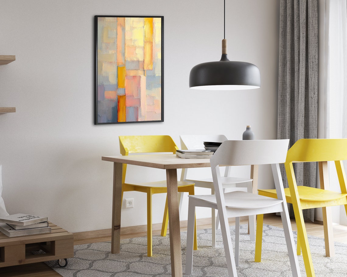 Yellow Blue and Peach Patchwork Block Abstract Art Painting Poster - Image 2