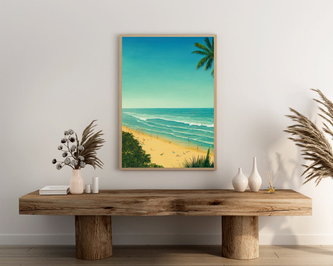 Tropical Beach With Palm Trees Swimmers And Turquoise Surf Poster - Image 3