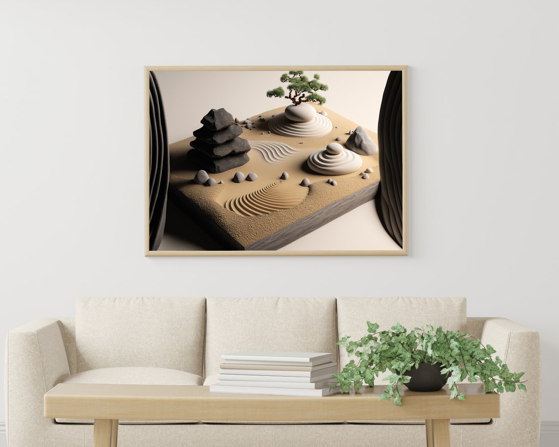 Japanese Zen Garden Stacked Stones Bonsai Tree Raked Sand Poster - Image 3