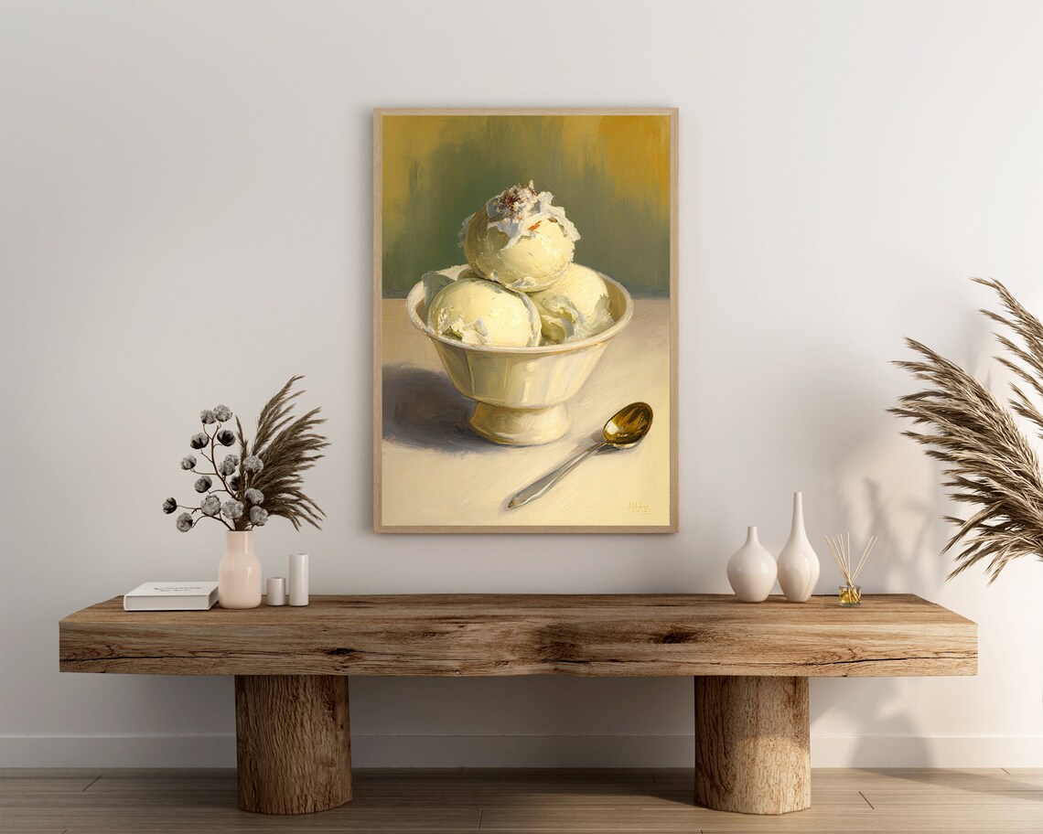 Classic Vanilla Ice Cream Sundae In Cream Bowl Warm Still Life Poster - Image 3
