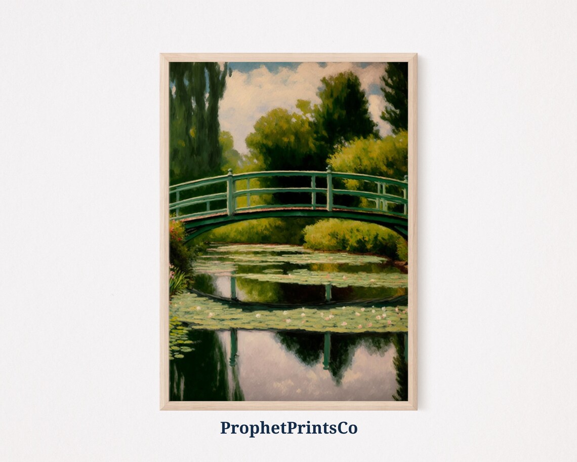 Green Garden Footbridge Reflected in a Calm Water Lily Pond Art Poster