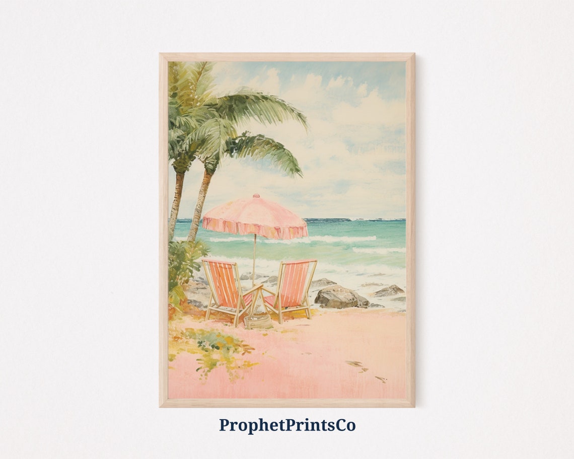 Tropical Pink Beach Parasol Palm Trees Turquoise Sea Art Poster
