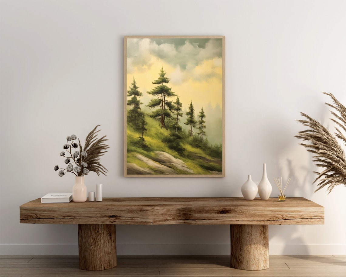 Foggy Pine Forest Oil Painting with Golden Morning Light Poster - Image 3