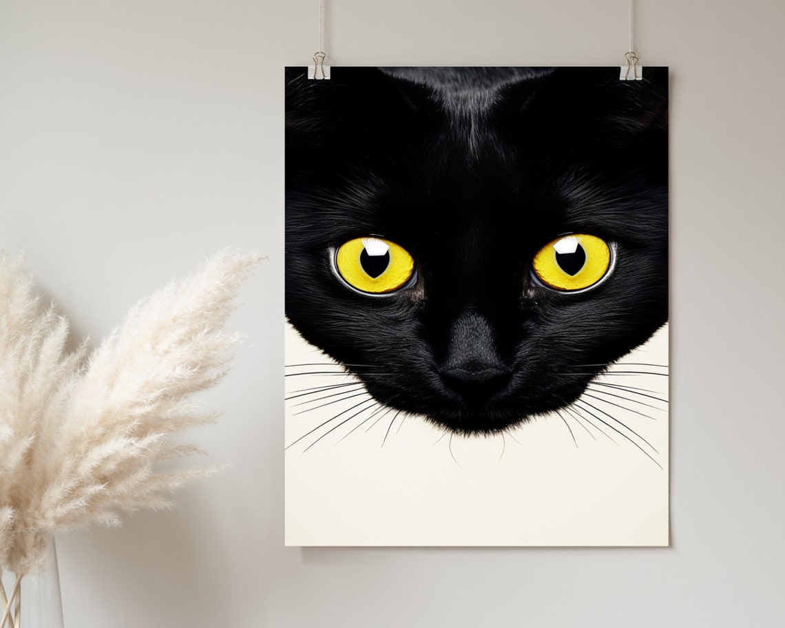 Funny Black Cat Face Yellow Eyes Minimalist Cream Art Poster - Image 2