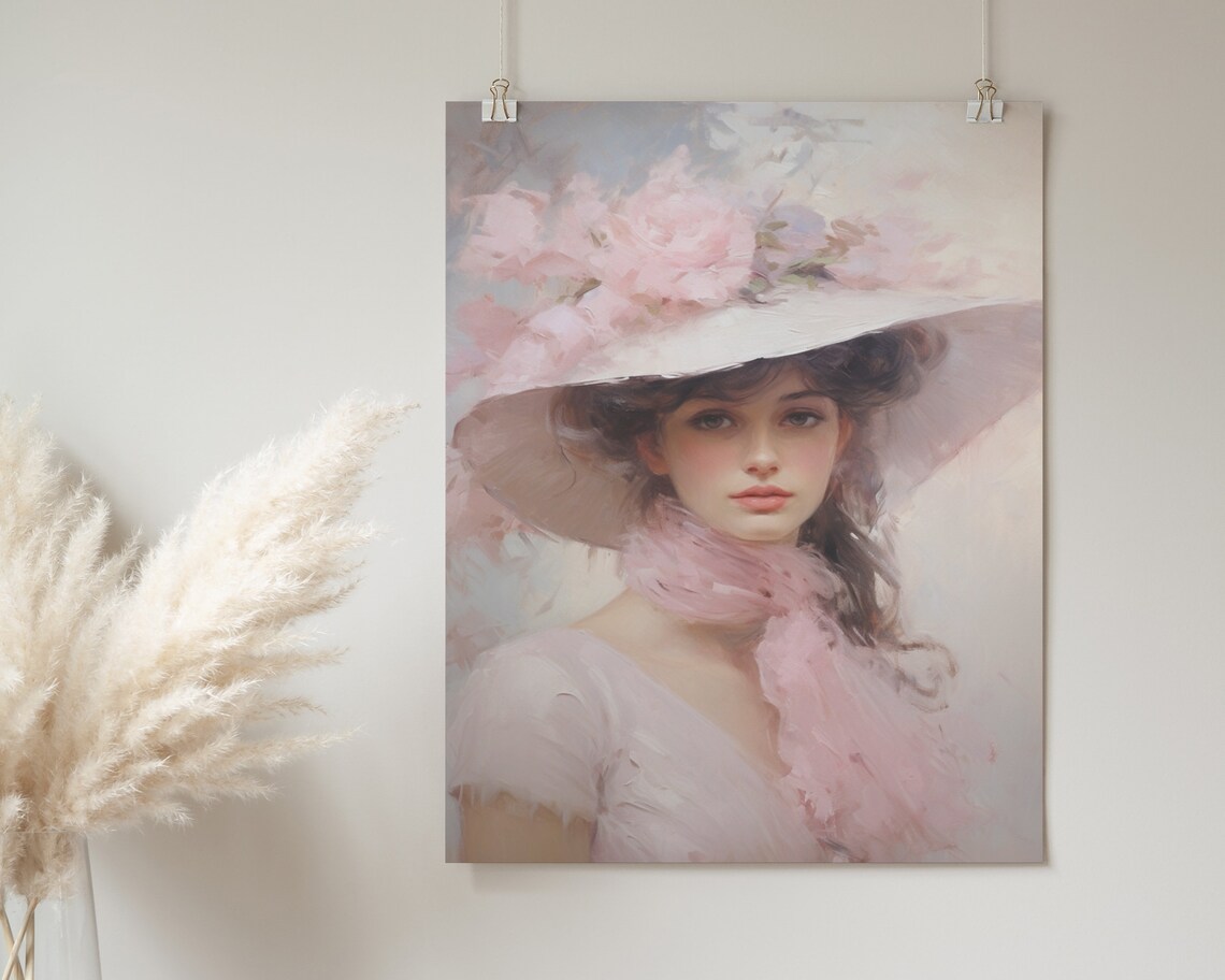 Woman White Hat Pink Peonies Pink Scarf Vintage Portrait Poster - Image 2
