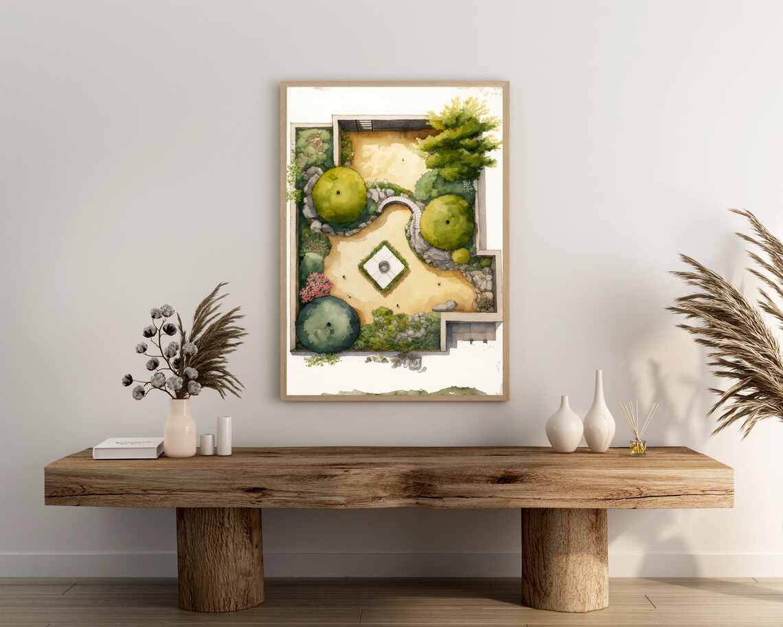 Zen Garden Aerial Watercolor Japanese Rock Garden Topiary Art Poster - Image 3