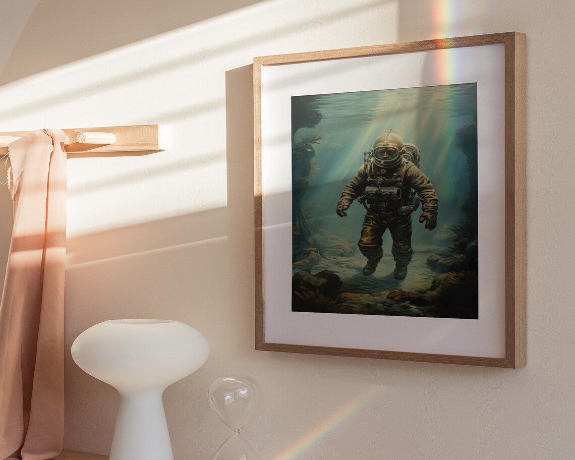 Vintage Deep Sea Diver Brass Helmet Underwater Painting Poster - Image 3