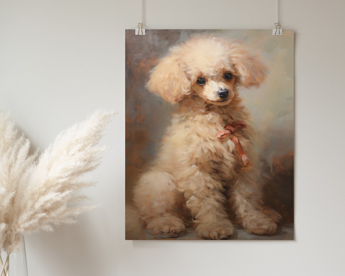 Cream Poodle Puppy Pink Ribbon Vintage Oil Portrait Dog Poster - Image 2