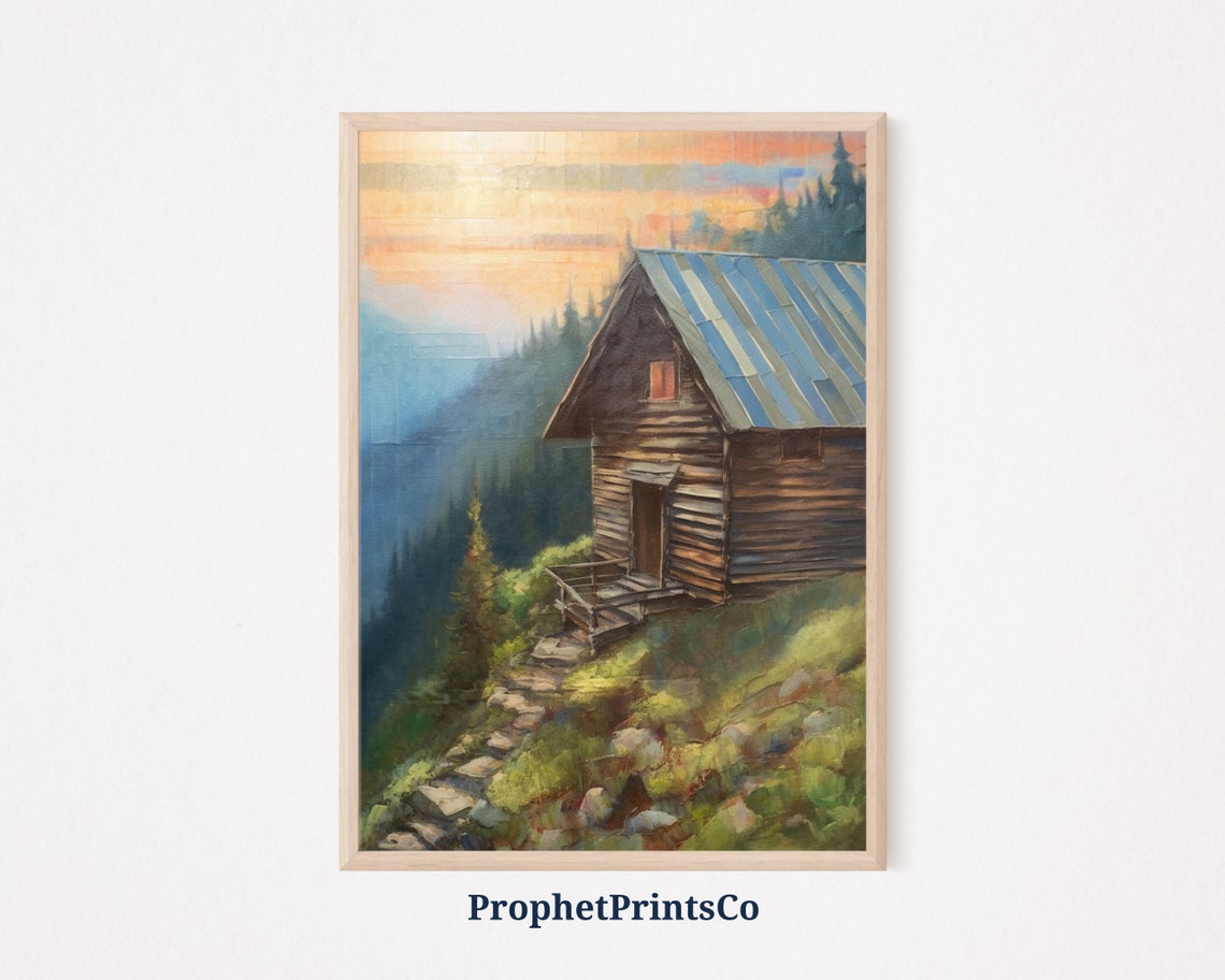 Log Cabin Mountain Sunset Pine Forest Stone Path Oil Painting Poster