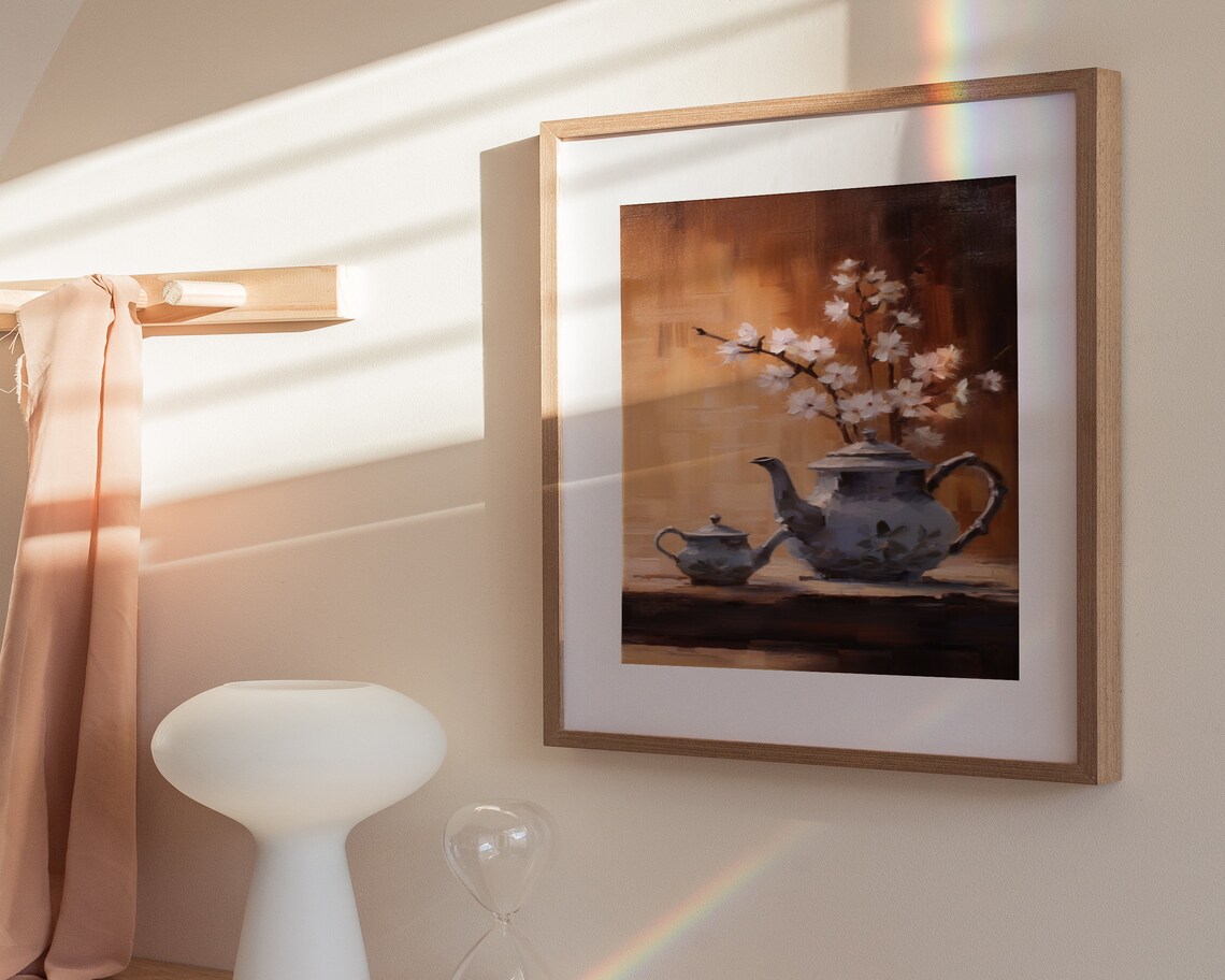 Teapot and Blossom Branches Still Life Warm Oil Painting Poster - Image 3
