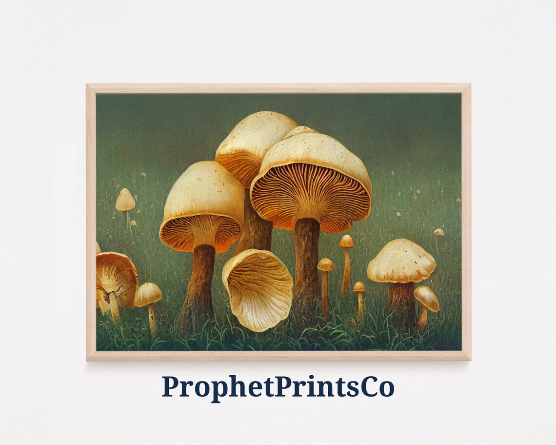 Vintage Cream Mushroom Cluster Forest Floor Oil Painting Poster