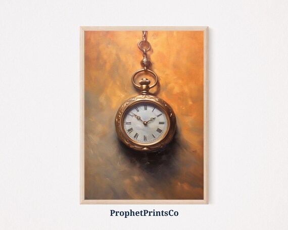 Antique Gold Pocket Watch Hanging Chain Vintage Oil Painting Poster